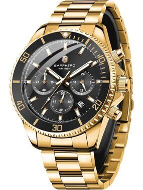Men's Gold Strap/ Black face Chronograph Stainless Steel Quartz Wrist Watch